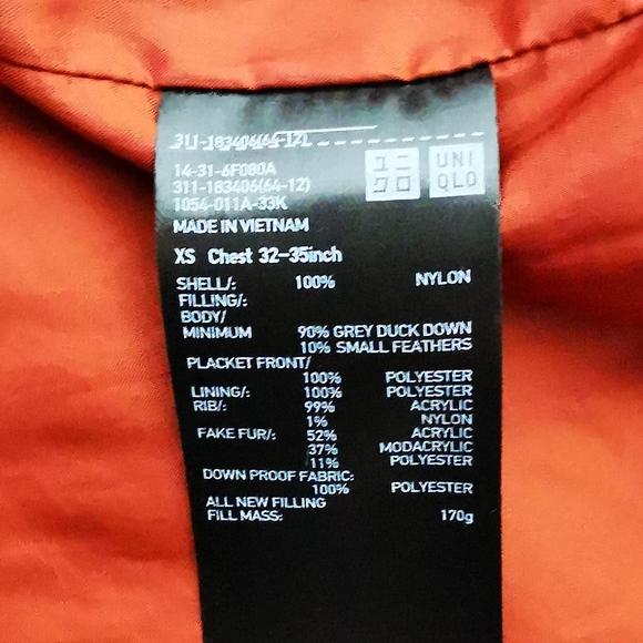 Uniqlo Puffer Jacket sz XS Womens Orange Rust colour duck down Hooded Velcro zip - Picture 13 of 13